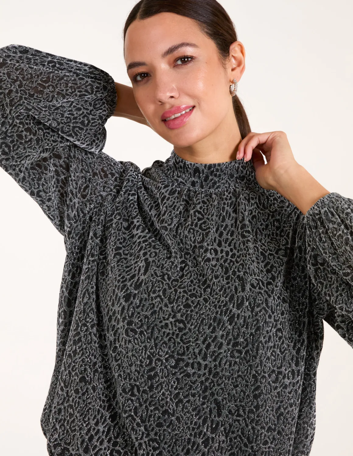 High Neck Puffball Hem Blouse