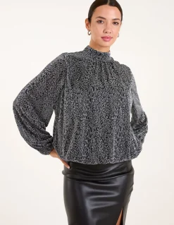 High Neck Puffball Hem Blouse