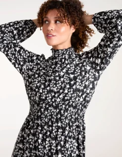 High Neck Shirred Tiered Midi Dress