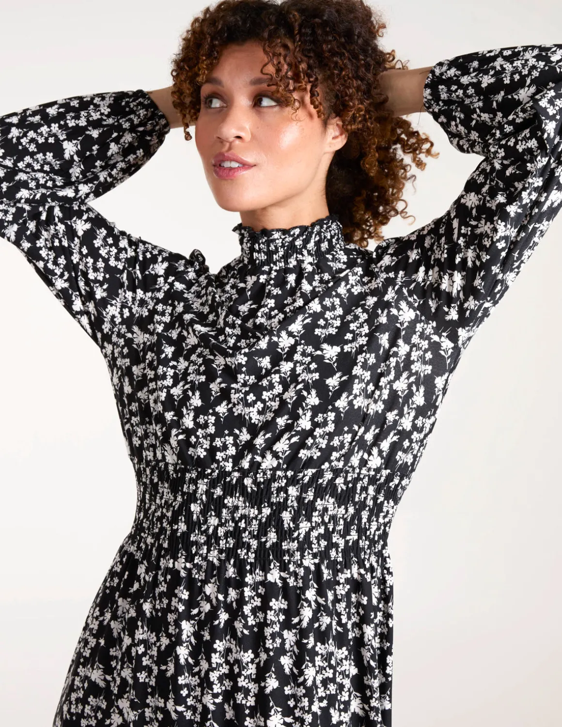 High Neck Shirred Tiered Midi Dress