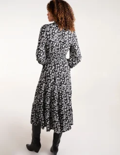 High Neck Shirred Tiered Midi Dress