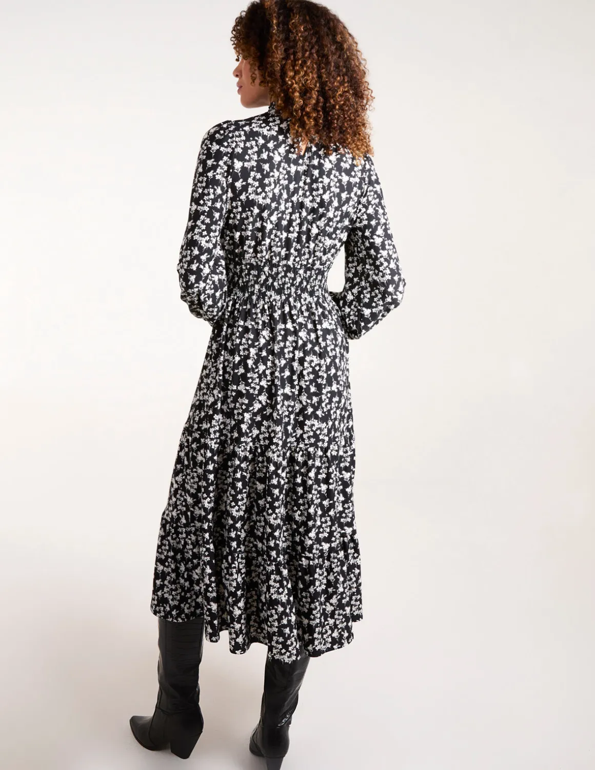 High Neck Shirred Tiered Midi Dress