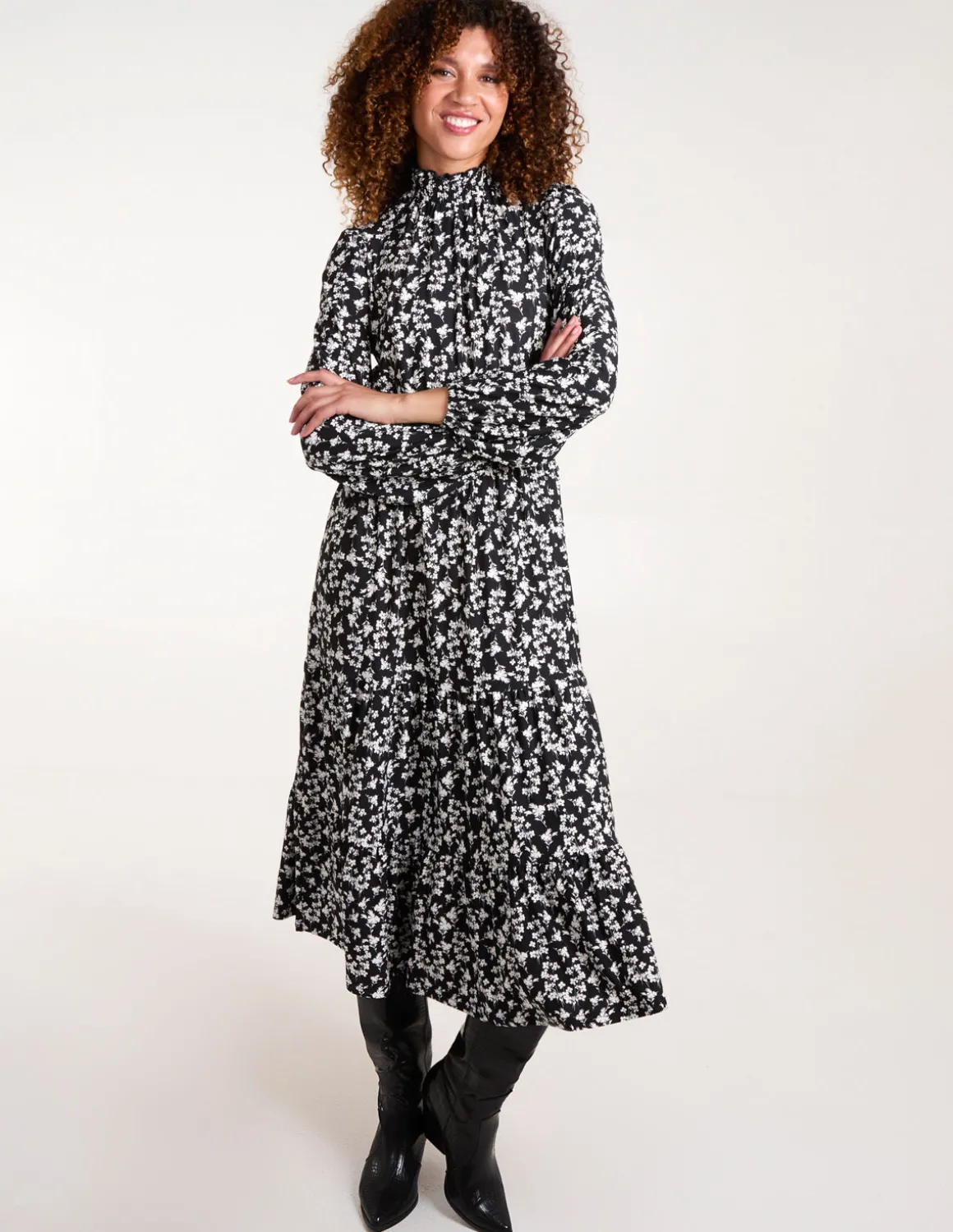 High Neck Shirred Tiered Midi Dress