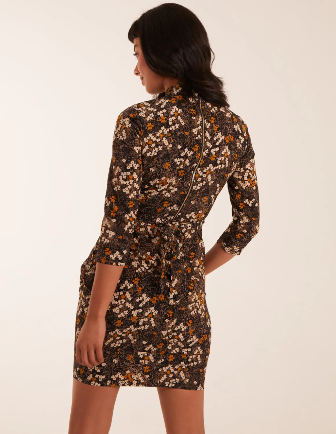 High Neck 3/4 Sleeve Dress With Belt
