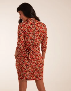 High Neck 3/4 Sleeve Dress With Belt