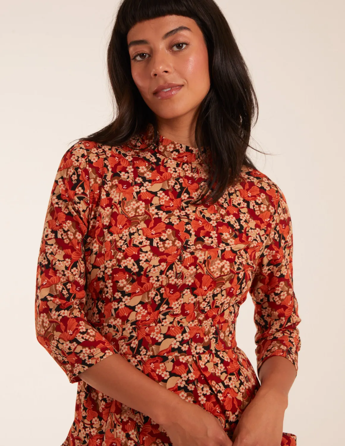 High Neck 3/4 Sleeve Dress With Belt