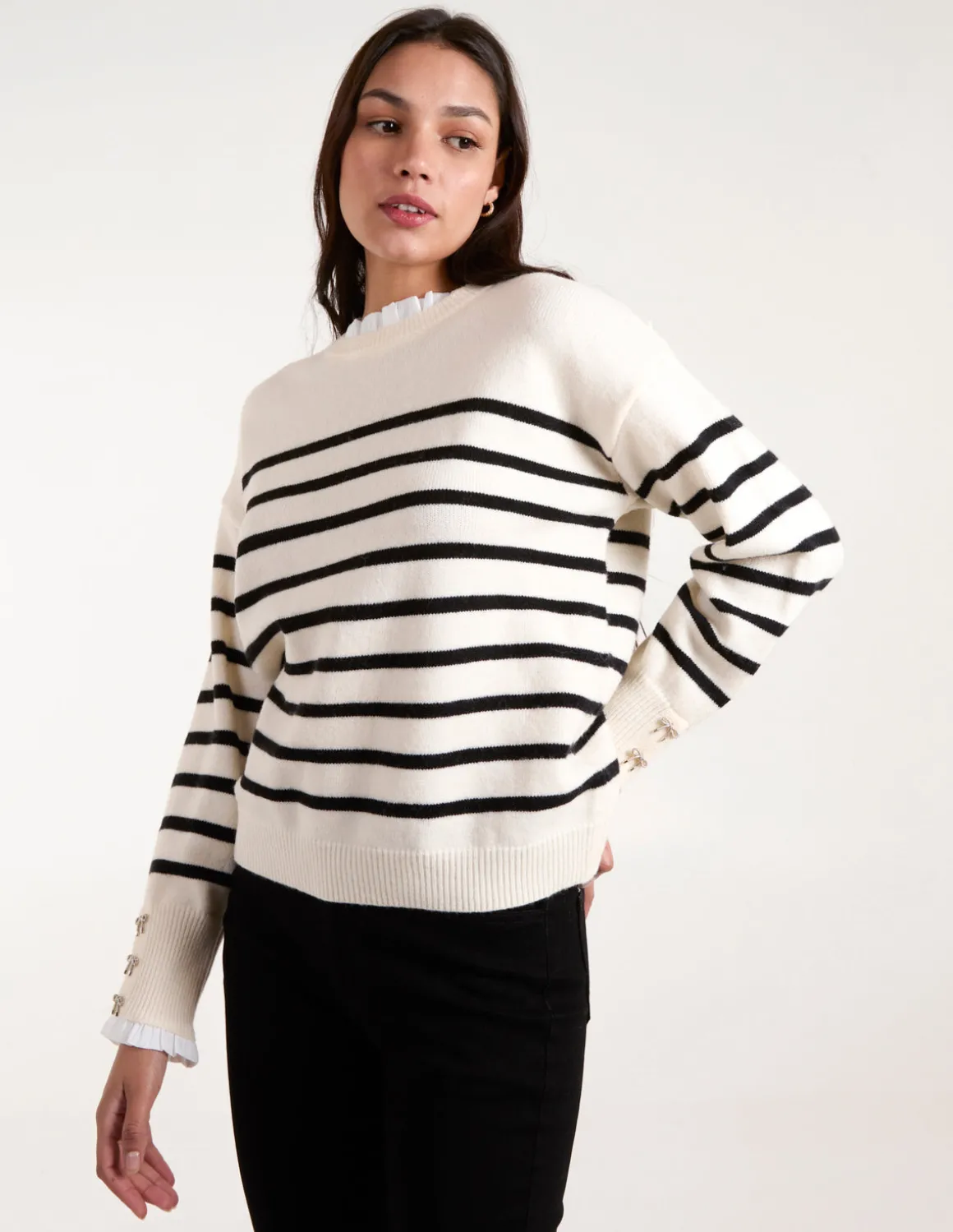 Horizontal Stripes Bow Button Detailed Jumper