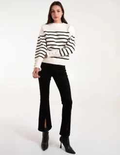 Horizontal Stripes Bow Button Detailed Jumper