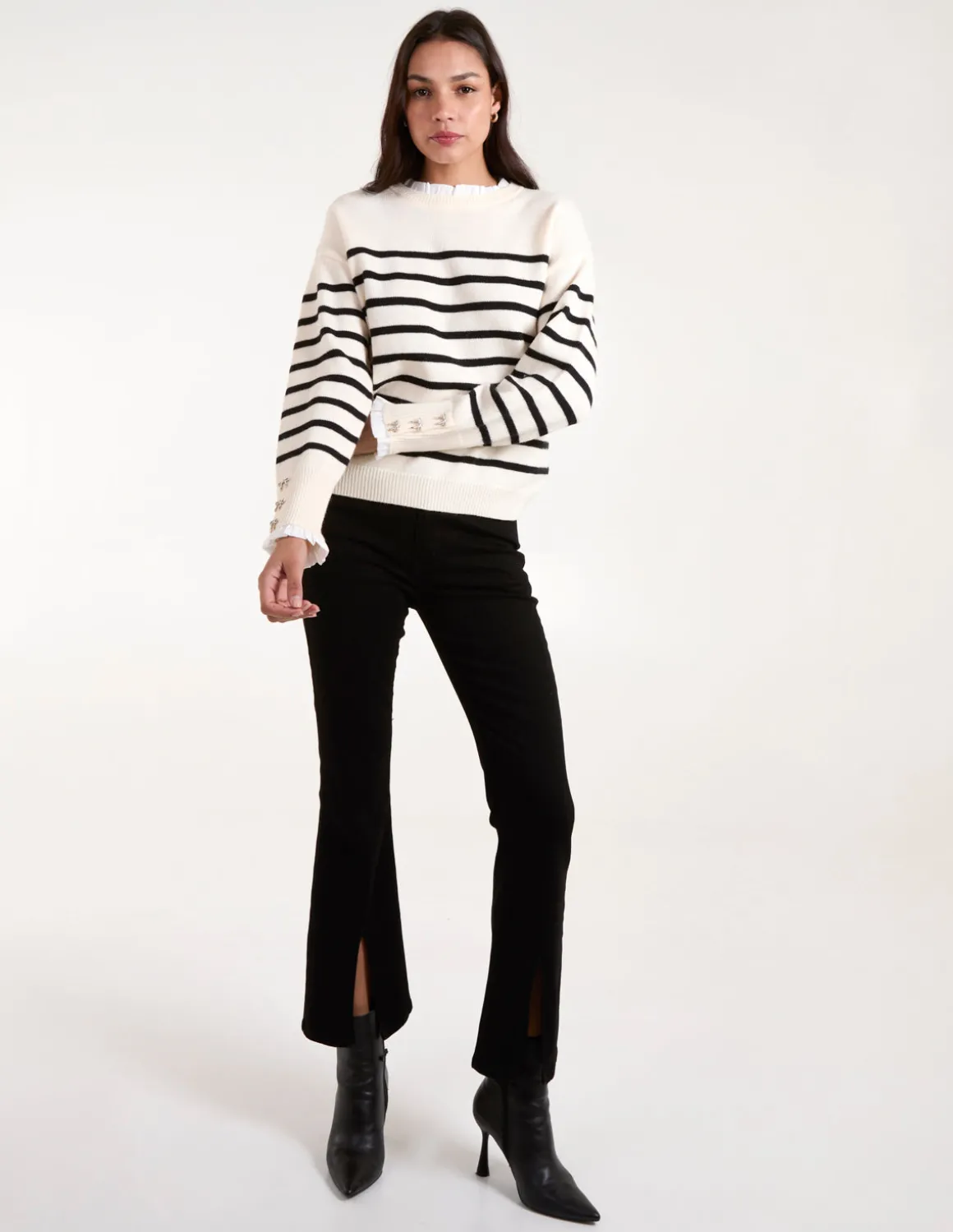 Horizontal Stripes Bow Button Detailed Jumper