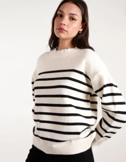 Horizontal Stripes Bow Button Detailed Jumper
