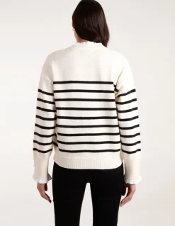 Horizontal Stripes Bow Button Detailed Jumper