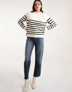 Horizontal Stripes Shoulder Button Detailed Jumper