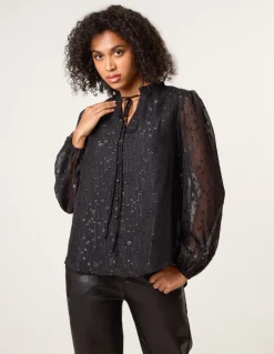 Jacquard Button And Tie Front Blouse