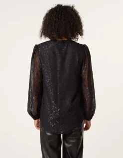 Jacquard Button And Tie Front Blouse