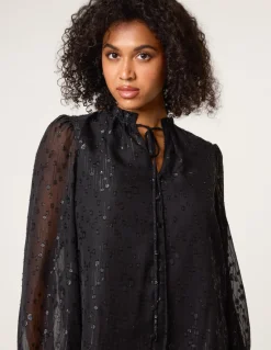 Jacquard Button And Tie Front Blouse