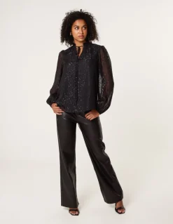 Jacquard Button And Tie Front Blouse