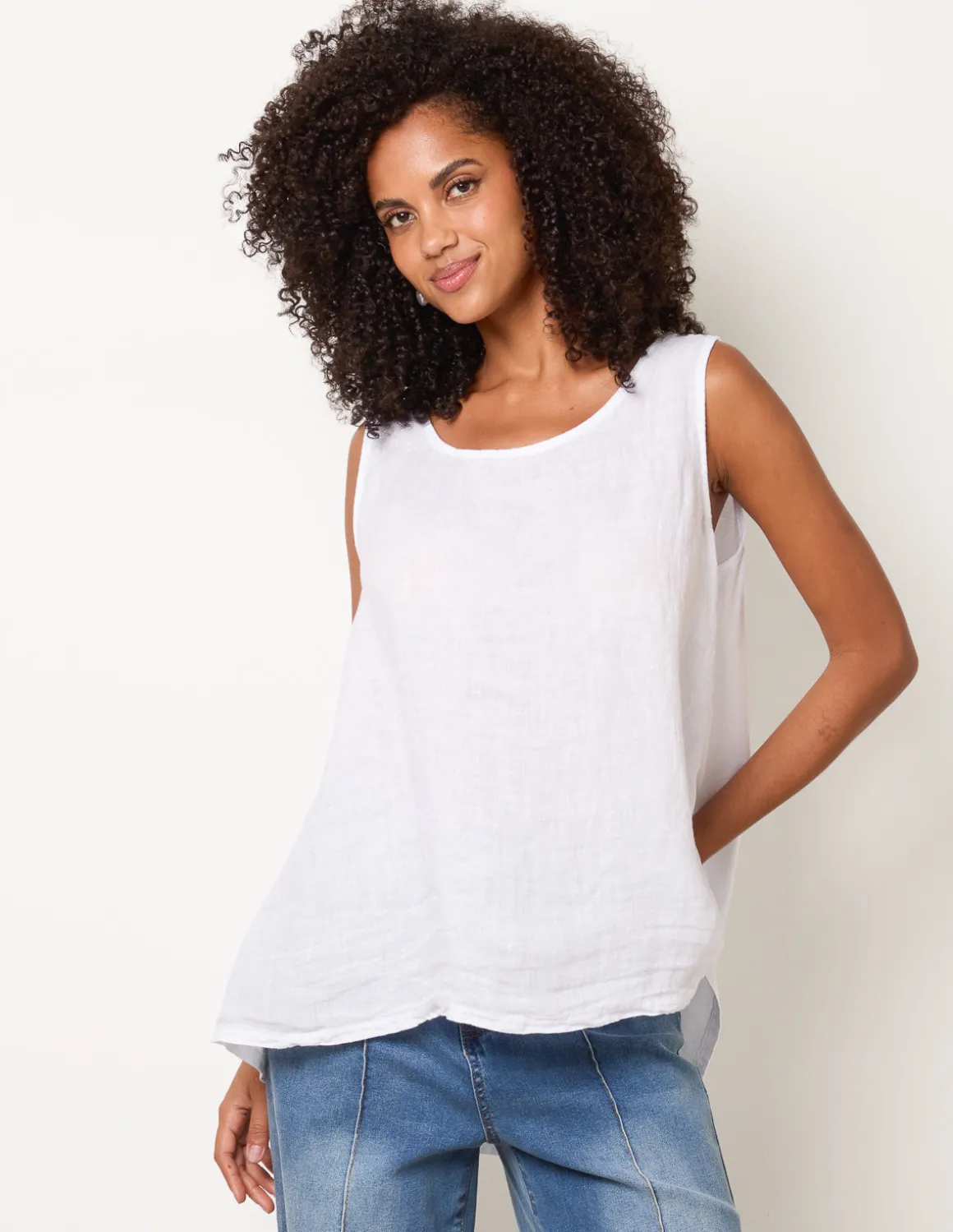 Jersey Back Linen Woven Front Sleeveless Top