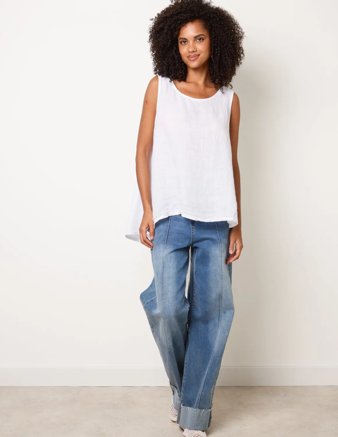 Jersey Back Linen Woven Front Sleeveless Top
