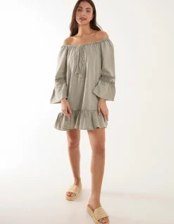 Lace Trim Elasticated Bardot Neck Tunic Dress