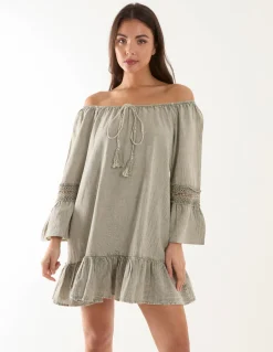 Lace Trim Elasticated Bardot Neck Tunic Dress