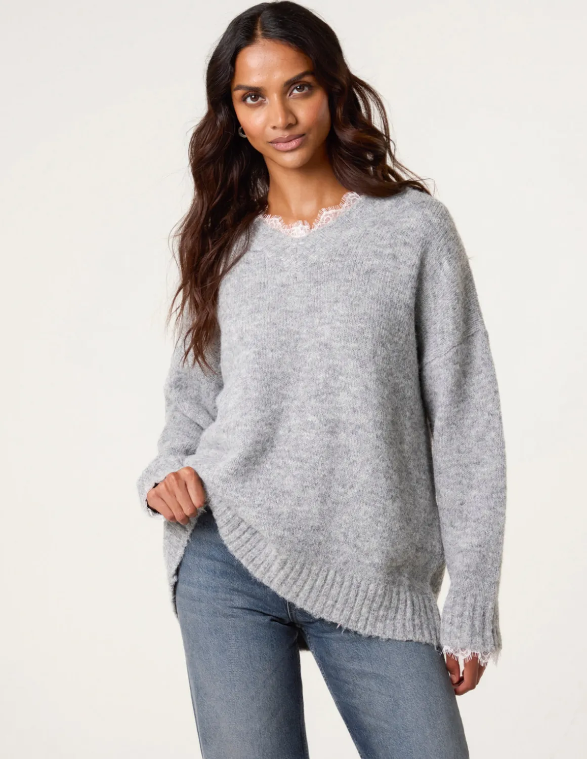 Lace Trim V Neck Jumper