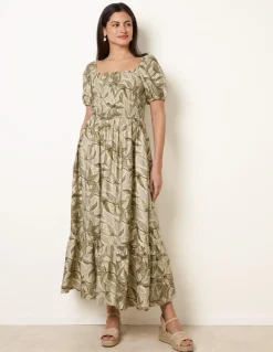 Large Floral Printed Square Neck Puff Sleeve Dress