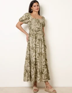 Large Floral Printed Square Neck Puff Sleeve Dress