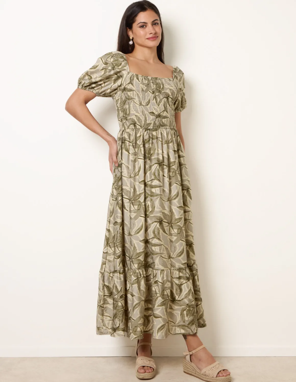 Large Floral Printed Square Neck Puff Sleeve Dress
