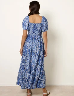 Large Floral Printed Square Neck Puff Sleeve Dress