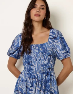 Large Floral Printed Square Neck Puff Sleeve Dress