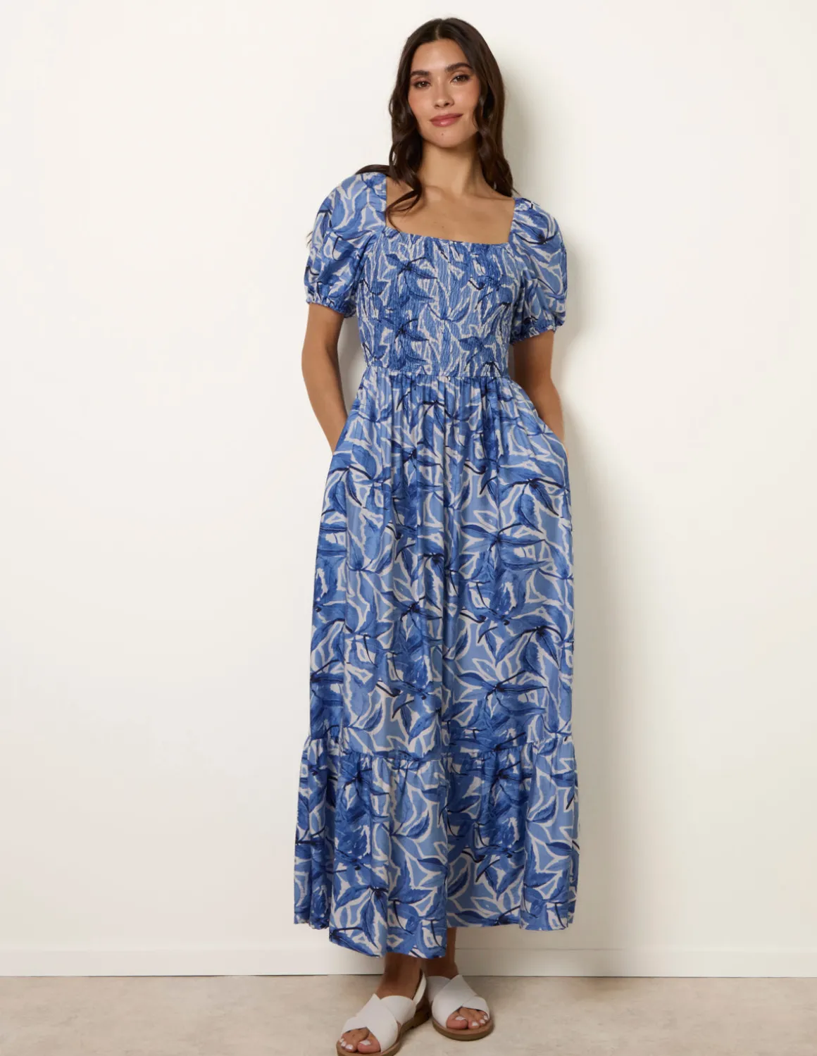 Large Floral Printed Square Neck Puff Sleeve Dress