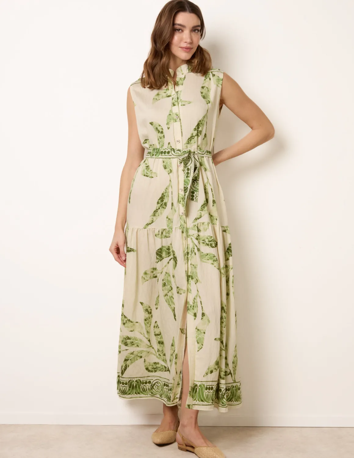 Leaf Print Collarless Shirt Dress With Belted Waist