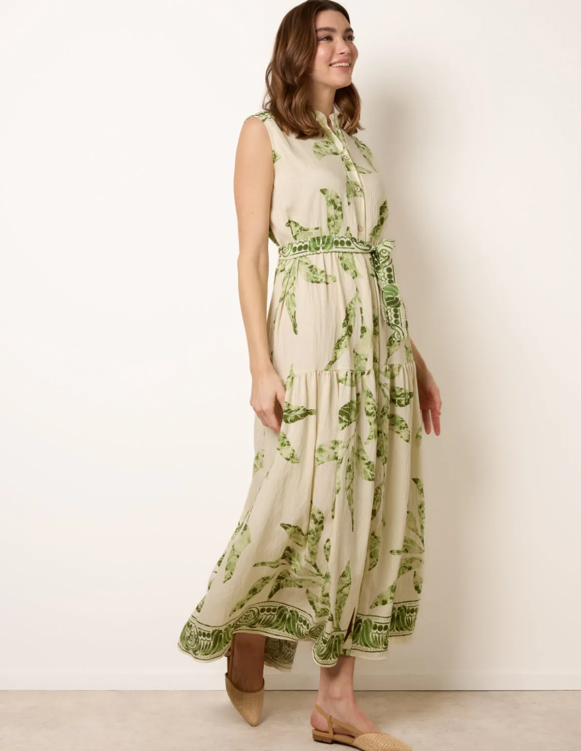 Leaf Print Collarless Shirt Dress With Belted Waist