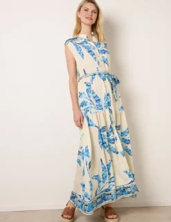 Leaf Print Collarless Shirt Dress With Belted Waist