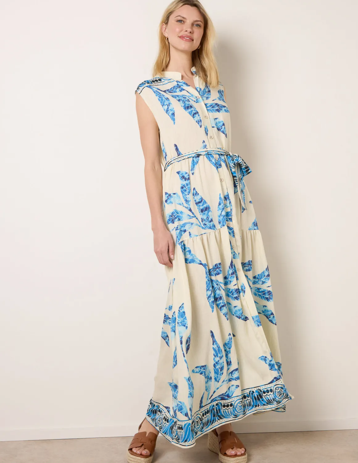 Leaf Print Collarless Shirt Dress With Belted Waist