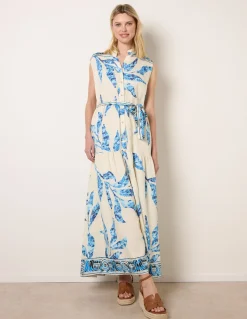 Leaf Print Collarless Shirt Dress With Belted Waist