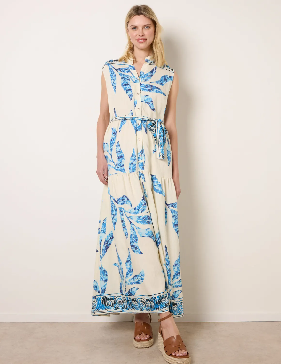 Leaf Print Collarless Shirt Dress With Belted Waist