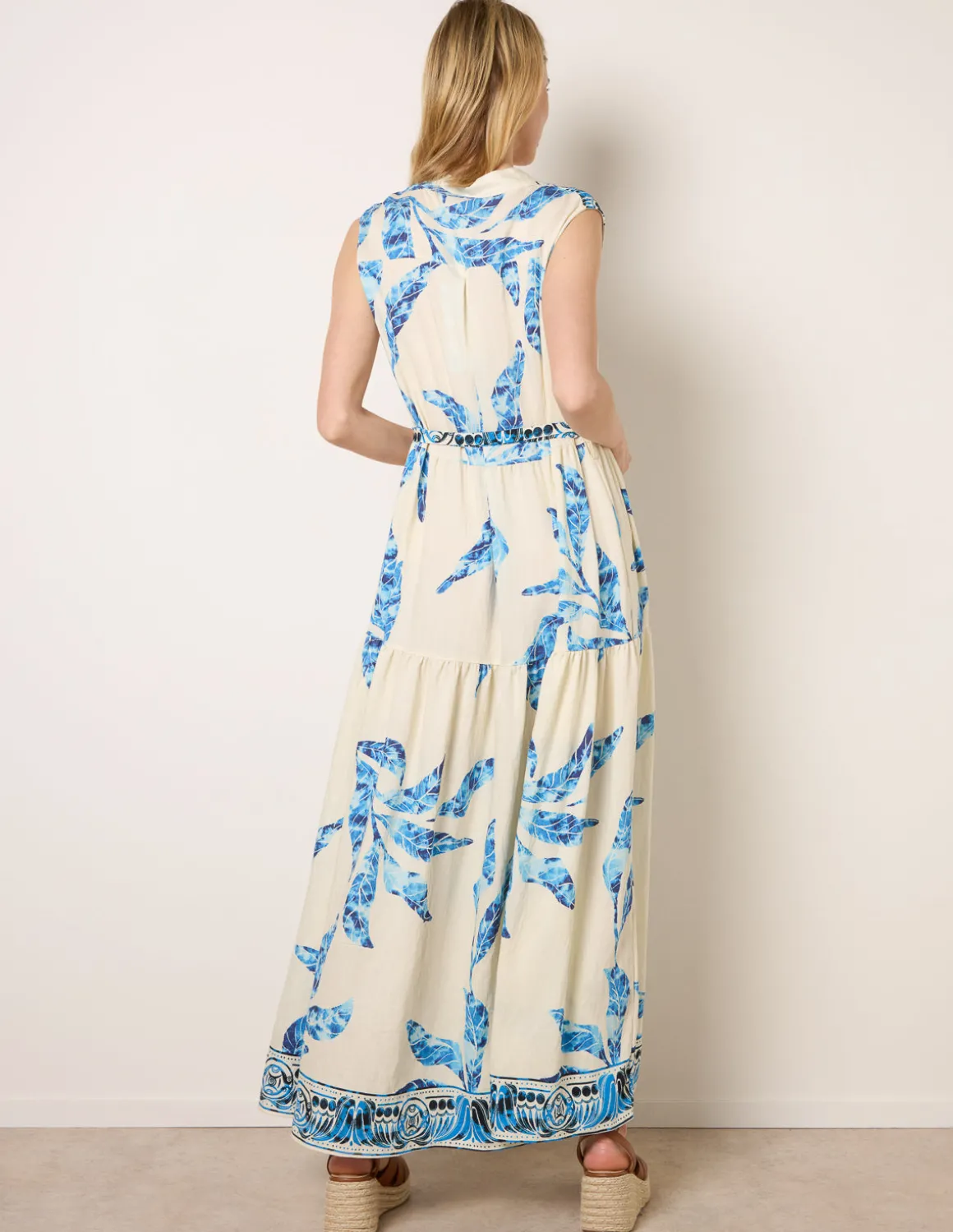 Leaf Print Collarless Shirt Dress With Belted Waist