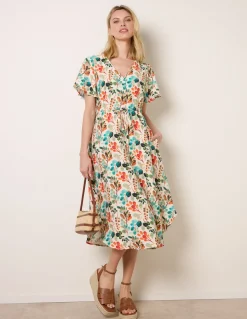 Leaf Print Tie Waist Shirt Midi Dress