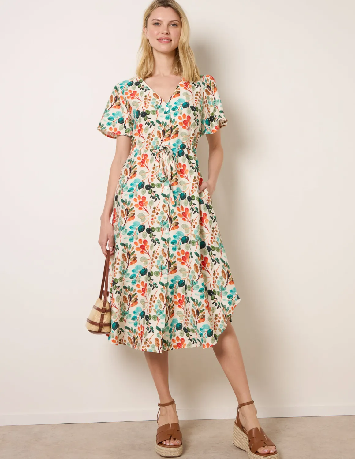 Leaf Print Tie Waist Shirt Midi Dress