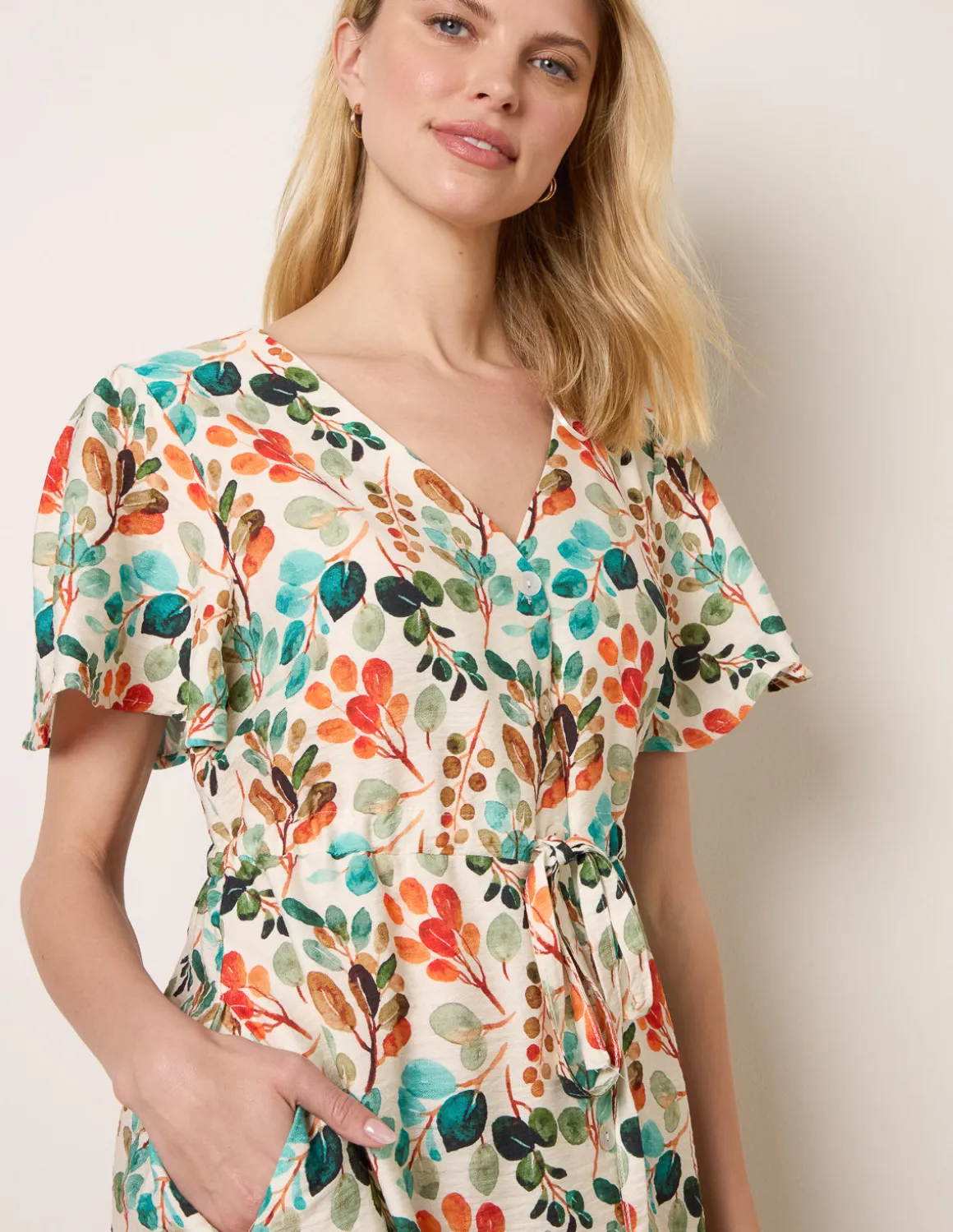 Leaf Print Tie Waist Shirt Midi Dress