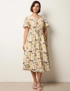 Leaf Print Tie Waist Shirt Midi Dress