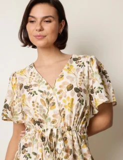 Leaf Print Tie Waist Shirt Midi Dress