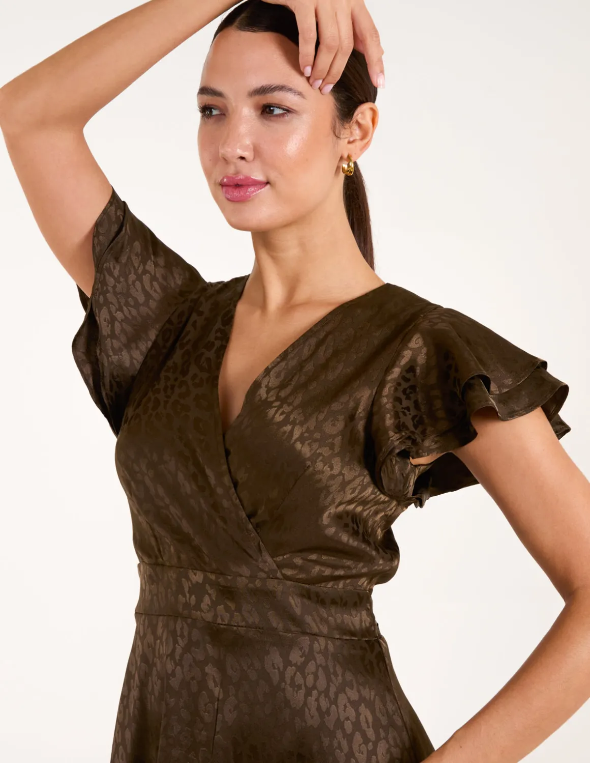 Leopard Jacquard Frill Sleeve Dress