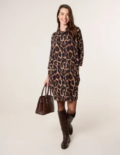 Leopard Print Draped Cowl Neck Tunic Dress