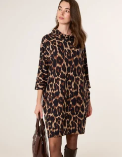 Leopard Print Draped Cowl Neck Tunic Dress