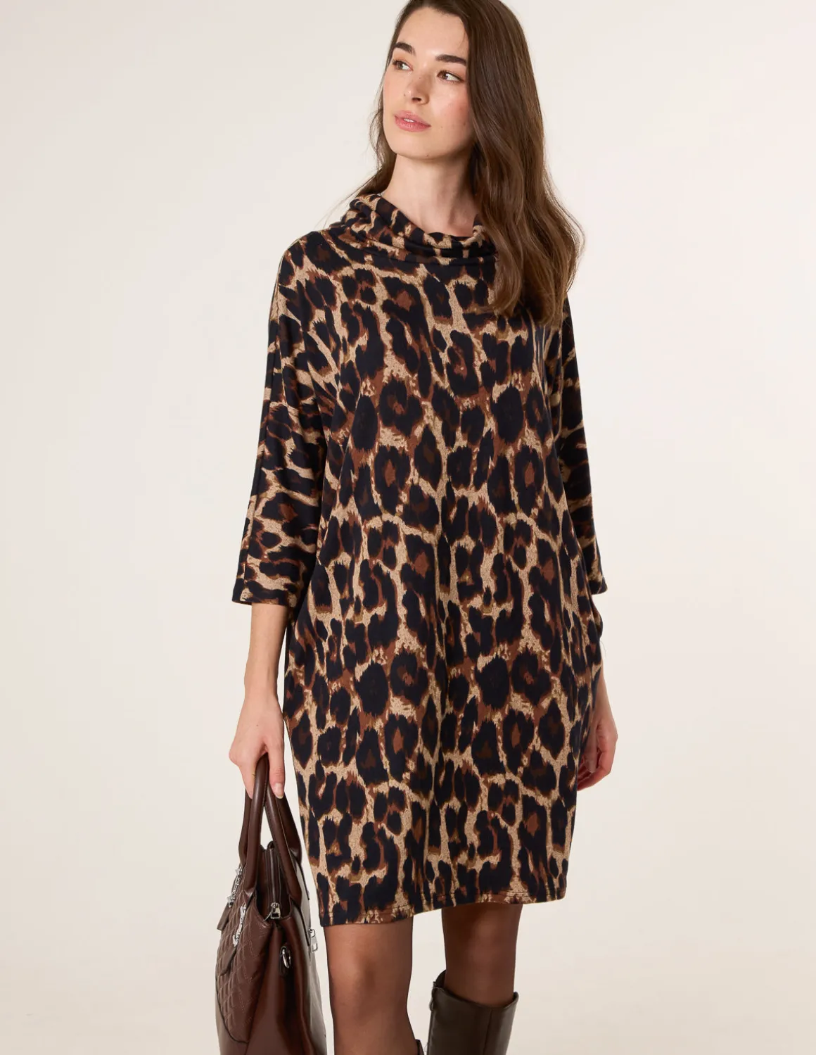 Leopard Print Draped Cowl Neck Tunic Dress