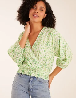 Leopard Print Elasticated Sleeve Wrap Front Elastic Hem Top