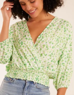 Leopard Print Elasticated Sleeve Wrap Front Elastic Hem Top