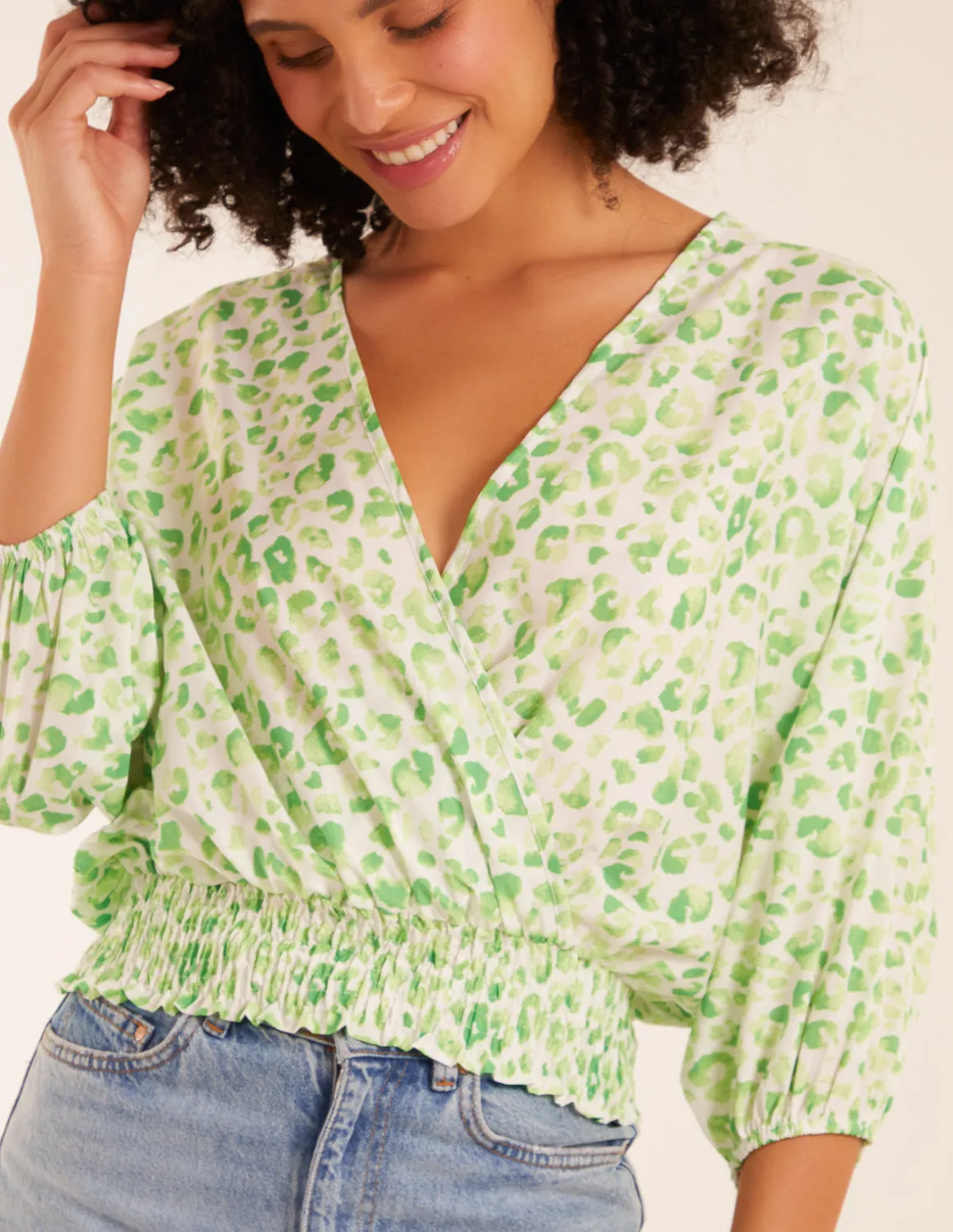 Leopard Print Elasticated Sleeve Wrap Front Elastic Hem Top